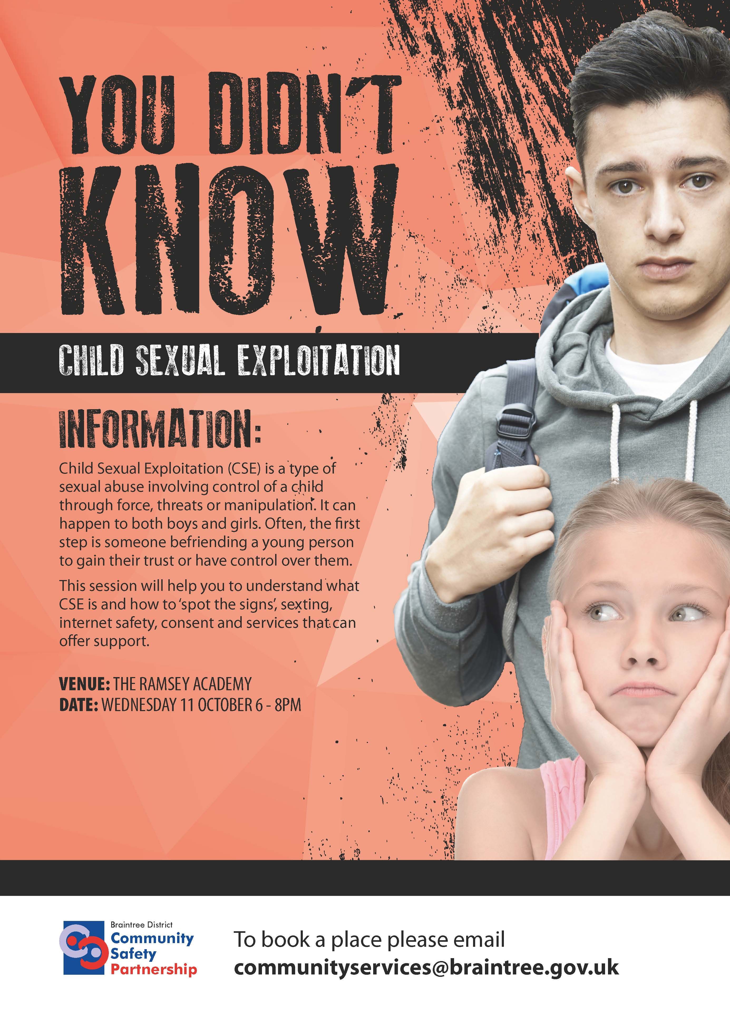 Child Sexual Exploitation Workshop Wednesday 11 October 6pm - 8pm.